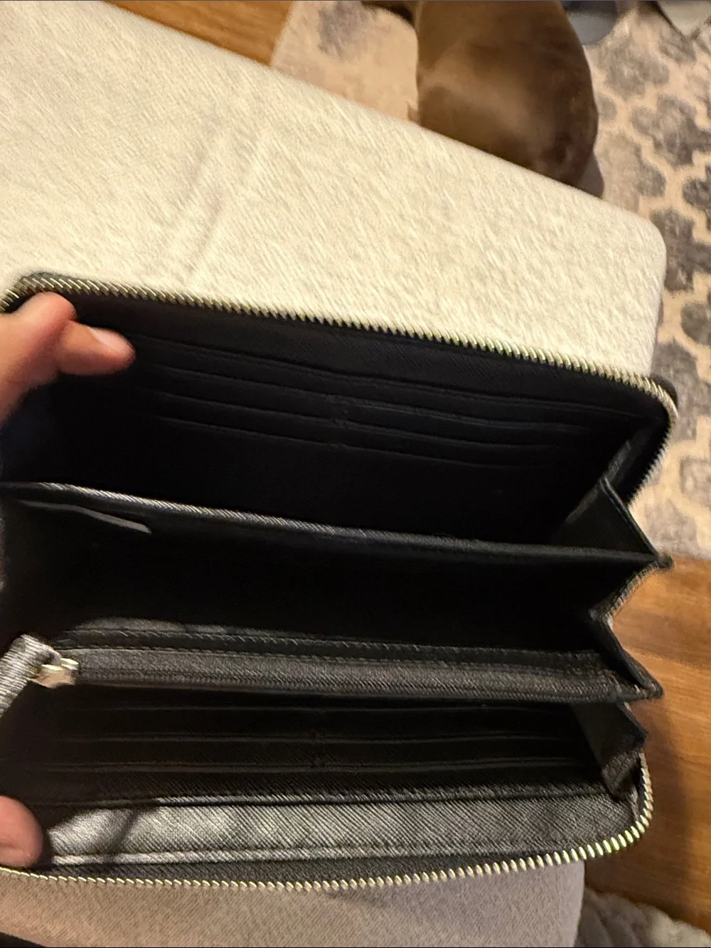 Coach Black Patent Leather Zip Card Holder with Stud Accents